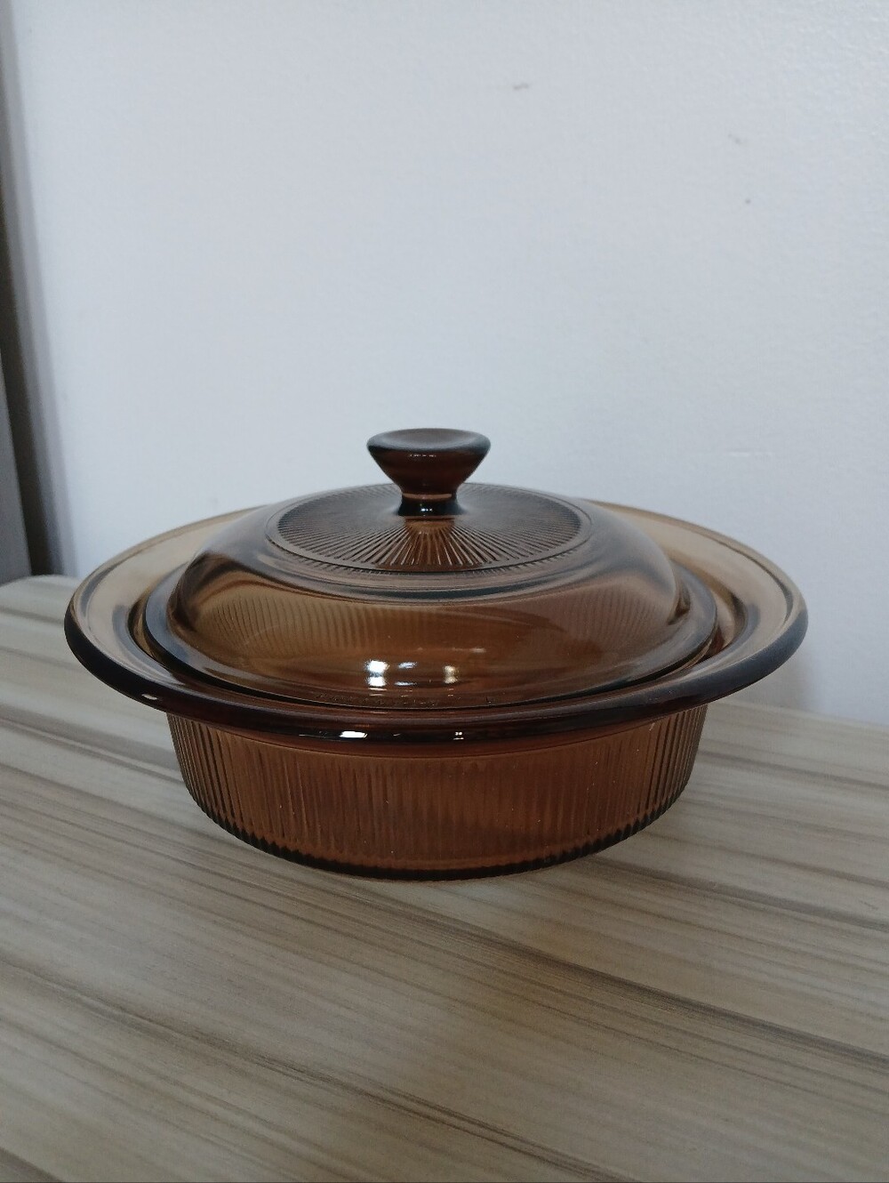 Vtg Corning Vision Ribbed Amber Glass Lidded Casserole Dish 24oz 750ml Pyrex USA
